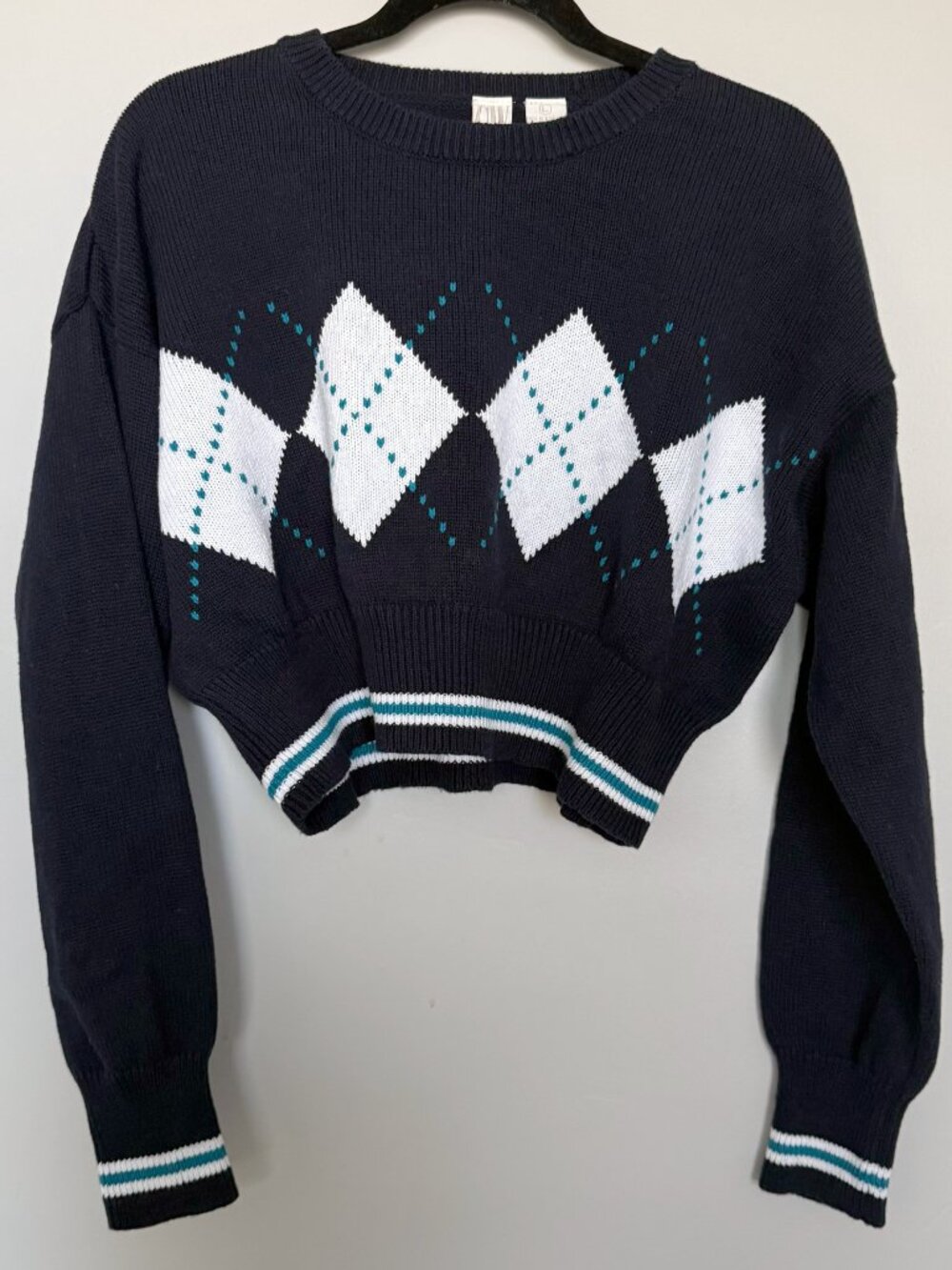 Vintage Clifford & Wills Argyle Sweater L Navy Cotton Cropped Boxy Preppy